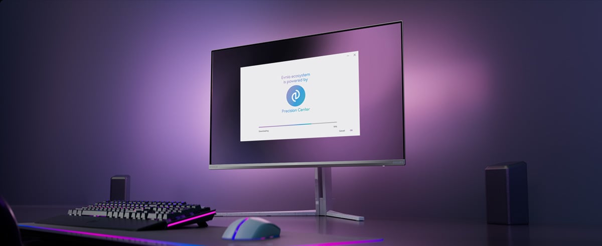 Philips Evnia-skjerm satt opp for Precision-senter