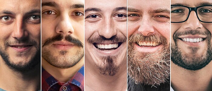 Collage av portretter av syv menn med forskjellige skjeggstiler som smiler til kameraet.