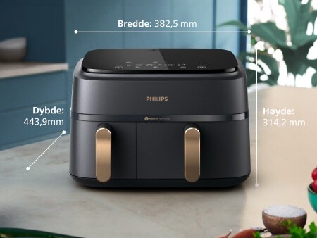 Philips dobbel kurv, stående på kjøkkenbenken med alle mål angitt: bredde: 38,25 cm, dybde: 31,42 cm, høyde: 44,39 cm.
